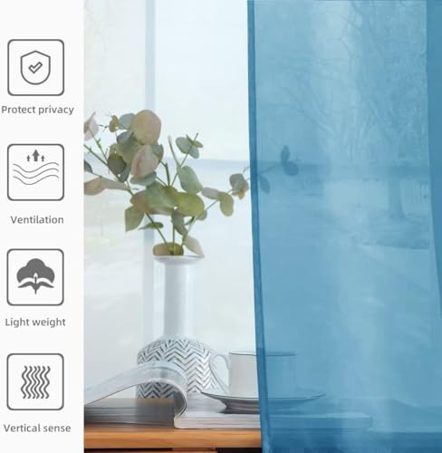 Solid Sheer Rod Pocket Curtain Voile Draperies 2 Panels White Beige Black Grey Ivory 52 Inch Width 72 Inch Long 1 Pair for Kitchen Bedroom Children Living Room Yard (Blue / 52"W x 72"L (Pack of 2))