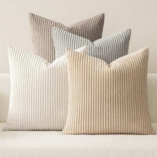 Soft Corduroy Decorative Throw Pillow Covers Neutral Tan 18x18 (18" x 18" (Pack of 4) / Neutral Tan)
