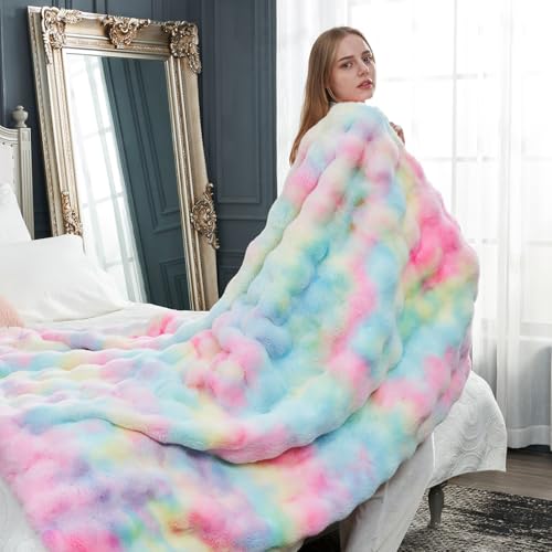 Faux Fur Throw Blanket for Couch (Tie-dye Rainbow / Throw(50" x 60"))