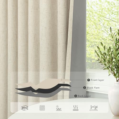 Linen Textured Boho 100% Blackout Small Window Curtains 45 inch Length 2 Panels Country Curtain for Kitchen Door Bathroom Bedroom Living Room Darkening Short Cafe Drape Back Tab Rustic Farmhouse Beige (Linen / 52"W x 45"L (Pack of 2))