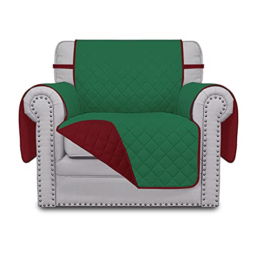 Chair Sofa Slipcover Reversible Sofa Cover Water Resistant Couch Cover Furniture Protector Cover with Elastic Straps for Pets Kids Children Dog Cat (Green/Christmas Red / Small Chair)