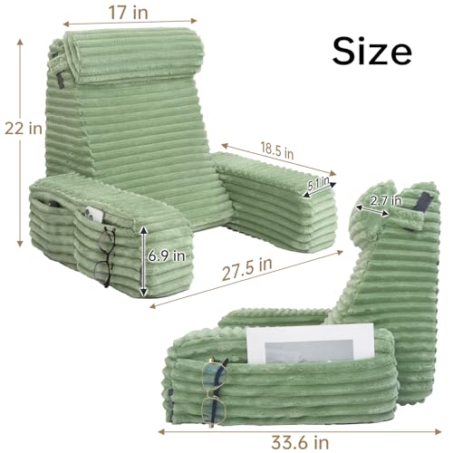 22" XL Back Pillow for Bed Sitting Up with Armrests & Big Pockets (Sage Green / XL(5'3"-5'11"))