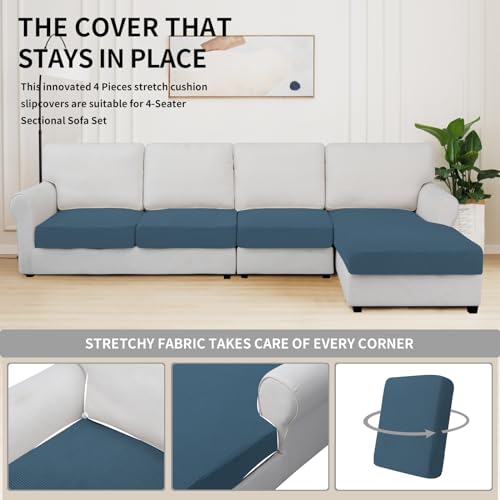 Stretch 4 Pieces Couch Cushion Covers for Sectional Sofa L Shape (3 Seater + 1 Chaise / Bluestone)
