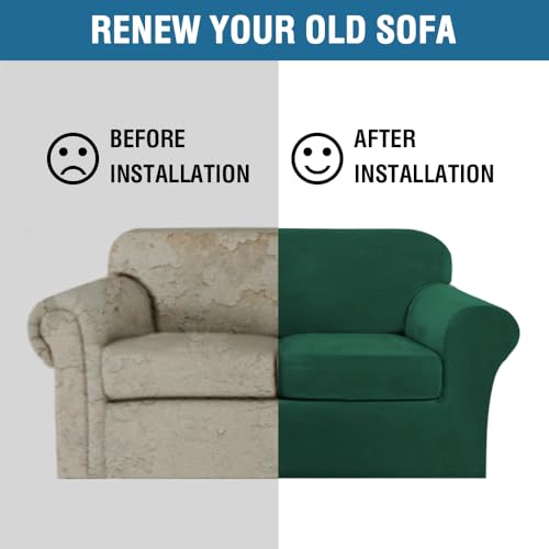 Real Velvet Plush 3 Piece Stretch Sofa Covers Couch Covers for 2 Cushion Couch Loveseat Covers Width Up to 72 Inch Feature Thick Soft Stay in Place (2 Cushion Loveseat / Green)