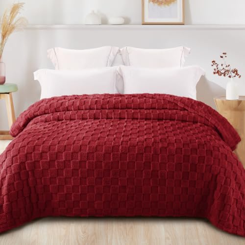 3D Checkered Fleece King Blanket for Bed (Burgundy / King (104"x90"))