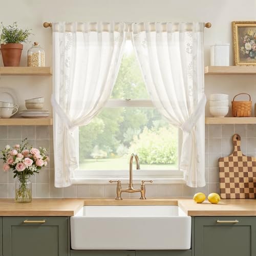 White Floral Linen Kitchen Tier Curtains 50x45 Inch 2 Panels (A| Off White / 50"W x 45"L (Pack of 2))