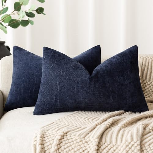 Textured Chenille Lumbar Throw Pillow Cover 12x20 Inch (20" x 12" (Pack of 2) / Midnight)
