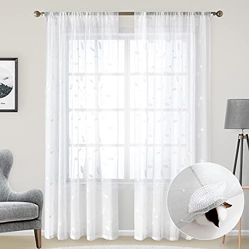 White Sheer Curtains Leaf Embroidered (52"W x 84"L (Pack of 2) / 4-white)