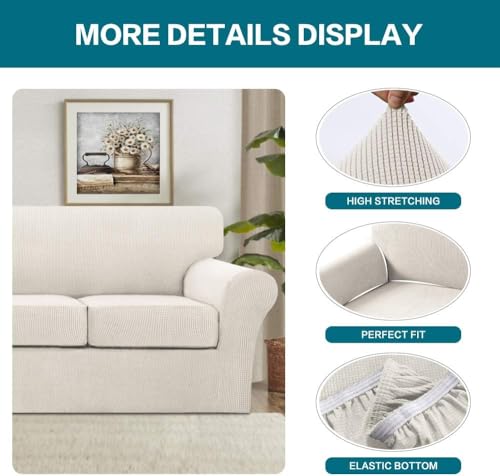 4 Piece Sofa Covers for 3 Cushion Couch Sofa Slipcover Soft Couch Cover for Dogs Washable Furniture Cover with 3 Individual Large Cushion Covers Feature Fabric (L Sofa (3 Cushion) / Ivory)