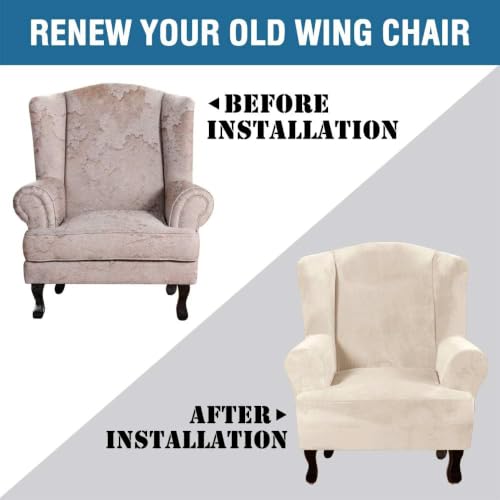 Wingback Chair Covers Velvet Plush Wing Chair Slipcover 1 Piece High Stretch Wing Back Chair Slipcovers Sofa Cover Furniture Cover with Elastic Bottom (Ivory / Wing Chair)