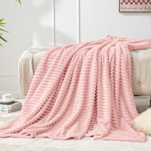 3D Ribbed Light Pink Fleece Twin Blanket for Couch (Pink Morn / Twin(60"x80"))