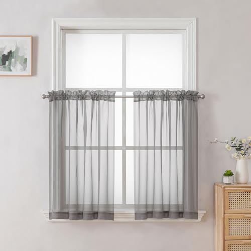 Sheer Curtains Tiers 42W x 24L Inches (Charcoal Grey / 42"W x 24"L (Pack of 2))