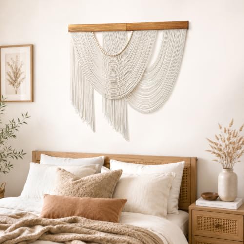 Large Macrame Wall Hanging Boho Tapestry Macrame Wall Art Decor (Beige)