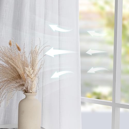 Floor to Ceiling Curtains 108 Inches White Sheer Window Drapes 1 Panel for Sliding Glass Door Back Tab Draperies Linen Look Boho Fabric (100"W x 108"L (Pack of 1) / White)