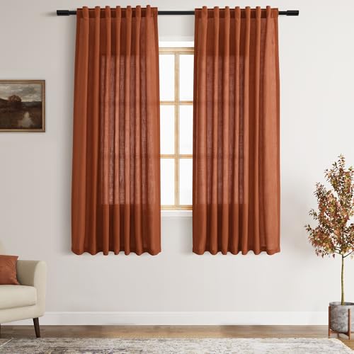 Terracotta Linen Curtains 63 Inches Length 2 Panels for Living Room Back Tab Pocket Light Filtering Semi Sheer Drapes Cotton Linen Textured Brick Burnt Orange Window Curtain 52X63 Inch (52"W x 63"L (Pack of 2) / Terracotta)