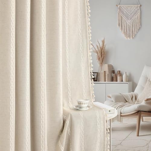 Boho 100% Blackout Curtains 84 Inch 2 Panels Linen Blend Beige (Beige / 52"W x 84"L (Pack of 2))
