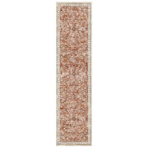 2x8 Washable Hallway Runner Rug Non Slip Floral Carpet (Brick-red / 2' x 8')