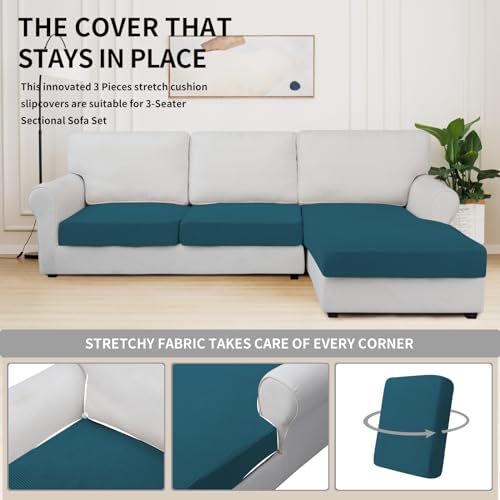 Stretch 3 Pieces Couch Cushion Covers for Sectional Sofa Left (2 Seater + 1 Chaise / Peacock Blue)