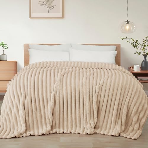 Striped Queen Size Fleece Blanket for Bed (Beige / Queen ( 90x90 IN ))