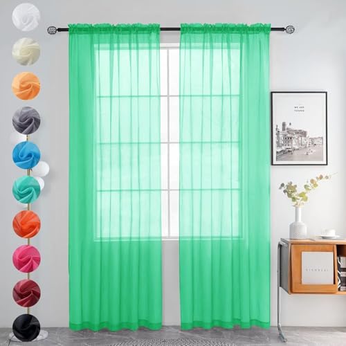 Solid Sheer Rod Pocket Curtain Voile Draperies 2 Panels White Beige Black Grey Ivory 52 Inch Width 90 Inch Long 1 Pair for Kitchen Bedroom Children Living Room Yard (Grass Green / 52"W x 90"L (Pack of 2))