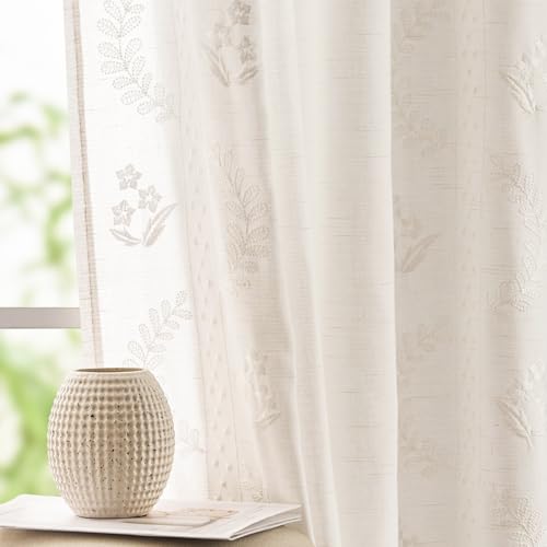Floral Linen Curtains 96 Inch Farmhouse Back Tab 2 Panels (Off White / 50"W x 96"L (Pack of 2))