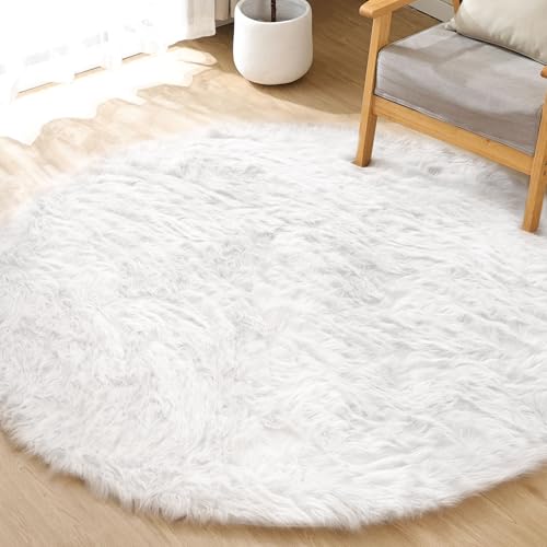 White Fluffy Faux Sheepskin Washable Fur Round Rug 5ft Nursery Rugs for Bedroom Plush Boho Circle Rug for Living Room Teen Room Décor (5' (Round) / White)