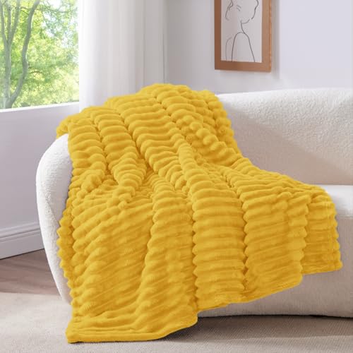 Ribbed Fleece Throw Blanket for Couch (Light Yellow / Throw(50"x60"))