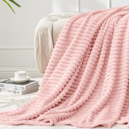 3D Ribbed Light Pink Fleece Twin Blanket for Couch (Pink Morn / Twin(60"x80"))