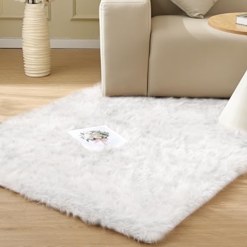 White Faux Sheepskin Shaggy Fur Rug for Living Room Soft Plush Machine Washable Fluffy 4x6 Area Rugs for Bedroom Nursery Rug (4' x 6' (Rectangular) / White)