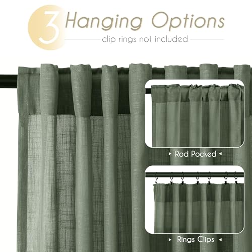 Olive Green Curtains 120 inch Length 2 Panels for Bedroom Back Tab Light Filtering Semi Sheer Drapes Linen Cotton Textured Airy Modern Farmhouse Living Room Sage Aesthetic Decor 52x120 (Olive Green / 52"W x 120"L (Pack of 2))