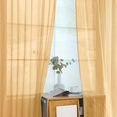 Solid Sheer Rod Pocket Curtain Voile Draperies 2 Panels White Beige Black Grey Coffee 52 Inch Width 45 Inch Long 1 Pair for Kitchen Bedroom Children Living Room Yard (Beige / 52"W x 45"L (Pack of 2))