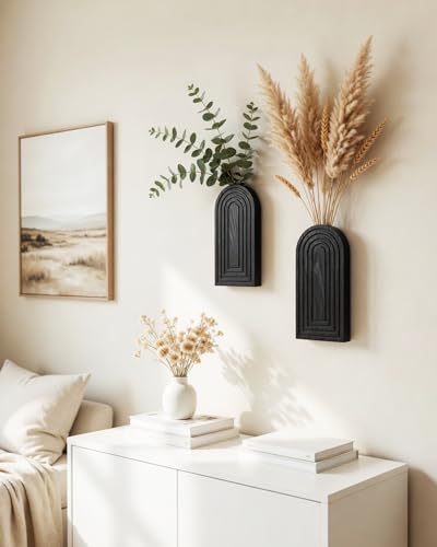2 Pack Wooden Wall Vase Set (Black / Medium)