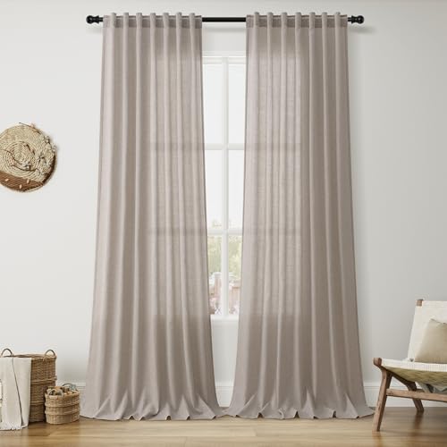 102 Inch Long Curtains for Living Room Stone Beige Linen Light Filtering Semi Sheer Curtain Back Tab Simple Modern Floor to Ceiling Farmhouse Drapes for Bedroom Office 52x102 (52"W x 102"L (Pack of 2) / Stone Beige)