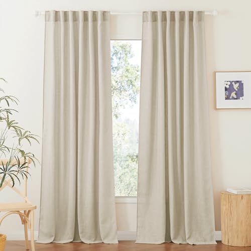 Farmhouse Boho Linen Sheer Curtains 90 inches Long for Living Room (Beige / 52"W x 90"L (Pack of 2))