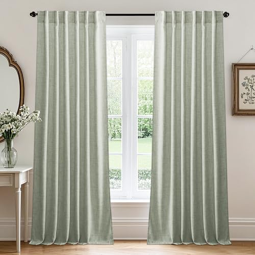 Linen Semi Sheer Curtains for Bedroom Living Room 96 inches Long (Z - Green / 52"W x 96"L (Pack of 2))