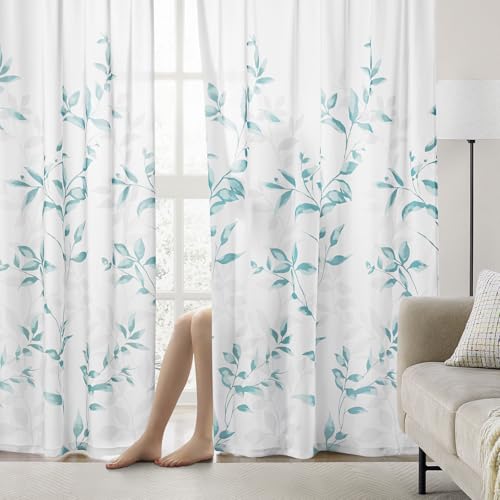 Non-See-Through Teal and White Privacy Sheer Curtains (Leaves-teal / 52"W x 96"L (Pack of 2))