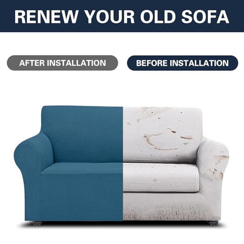 2026 New Stretch Loveseat Sofa Slipcovers Couch Cover for 2 Cushion Furniture Protector Sofa Covers with Elastic Bottom Jacquard Fabric Small Checks for Pets (Peacock Blue / Loveseat)