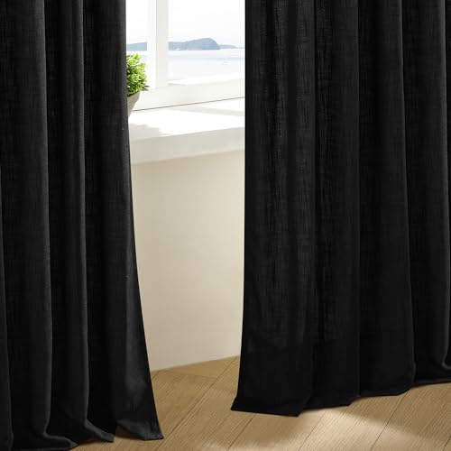 Black Pinch Pleated Linen Semi Sheer 120 Inch Curtains 2 Panels (Black / 40"W x 120"L (Pack of 2))