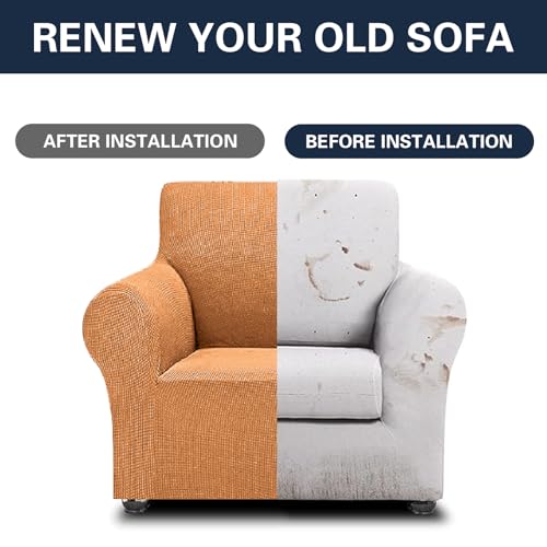 2026 New Stretch Chair Sofa Slipcovers Couch Cover for 1 Seater Furniture Protector Sofa Covers with Elastic Bottom Jacquard Fabric Small Checks for Pets (Golden / Chair)