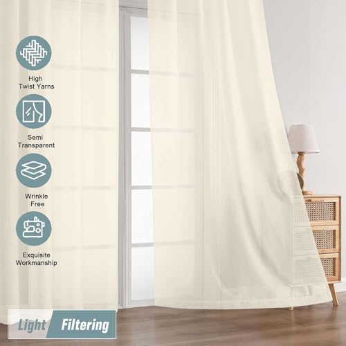 Cream Sheer Curtains for Window 72 inches Long 2 Panels Set (42"W x 72"L (Pack of 2) / Cream)
