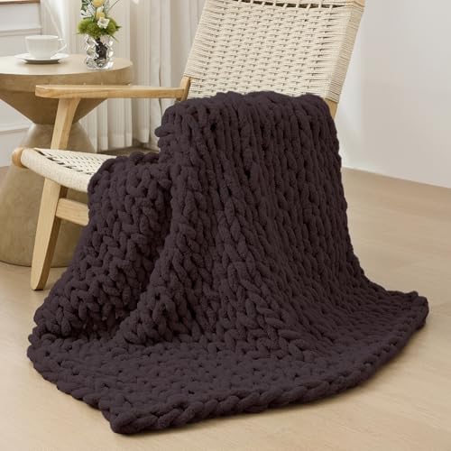 Chunky Knit Throw Blanket for Couch (Chocolate With Purple Tone / 40"x40" (Small Size Throw）)