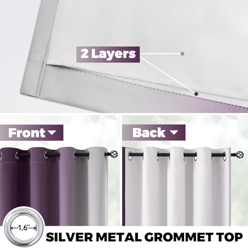 100% Blackout Curtains Ombre Purple Curtains for Bedroom 84 Inch (52"W x 84"L (Pack of 2) / Purple 2 Layers)