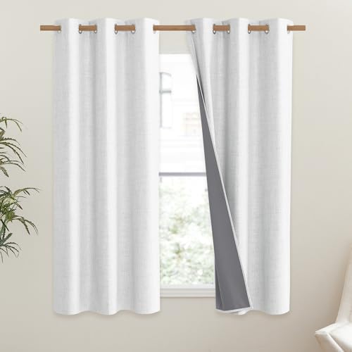 100% Absolutely Blackout Linen Curtains with Thermal Insulated Liner (42"W x 63"L (Pack of 2) / Greyish White)