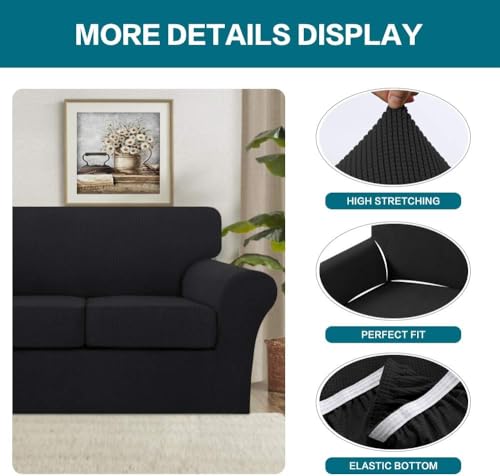 4 Piece Sofa Covers for 3 Cushion Couch Sofa Slipcover Soft Couch Cover for Dogs Washable Furniture Cover with 3 Individual Large Cushion Covers Feature Fabric (L Sofa (3 Cushion) / Black)