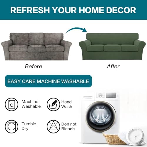4 Piece Sofa Covers for 3 Cushion Couch Sofa Slipcover Soft Couch Cover for Dogs Washable Furniture Cover with 3 Individual Large Cushion Covers Feature Fabric (L Sofa (3 Cushion) / Bronze Green)