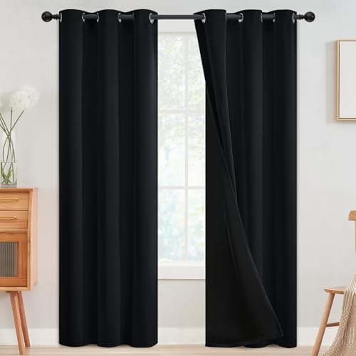 Black 100% Blackout Curtains Room Darkening Living Room 84 Inch (Black / 38"W x 84"L (Pack of 2))