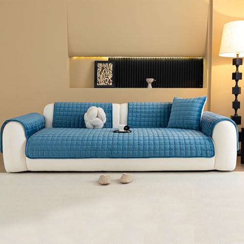 Sectional Velvet Couch Covers for 2 Seats (Lake Blue / 1PC/35.4"x63"/Loveseat & Short "L" Part)