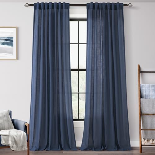 Navy Blue Curtains 98 inch Length for Bedroom Back Tab Light Filtering Semi Sheer Blue Living Room Curtains Linen Cotton Textured Indigo Blue Drapery Panel Modern Farmhouse Aesthetic Decor Dark Blue (Navy Blue / 52"W x 98"L (Pack of 2))