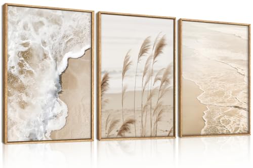 Large Beach Wave Pampas Grass Framed Canvas Wall Art Set (Pampsa Grass Wall Art / 24"L x 36"W)