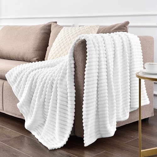 3D Ribbed Jacquard White Fleece Twin Blanket for Couch (Bright White / Twin(60"x80"))